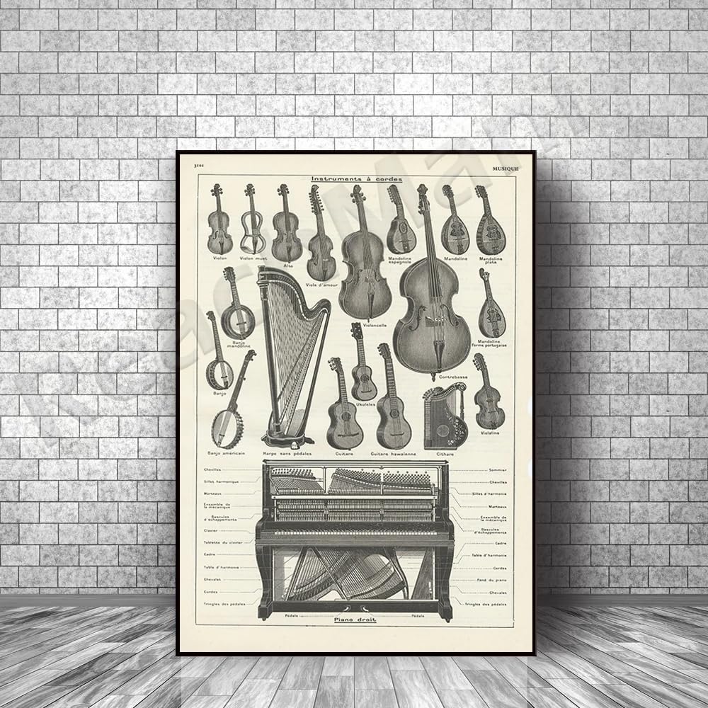 MAIMANG Antyczny instrument muzyczny wydrukowany w 1938 roku. Struny fortepianowe altówka skrzypce wiolonczela harfa banjo plakat gitarowy. Nauczyciel muzyka (30 x 45 cm/rama wewnętrzna)
