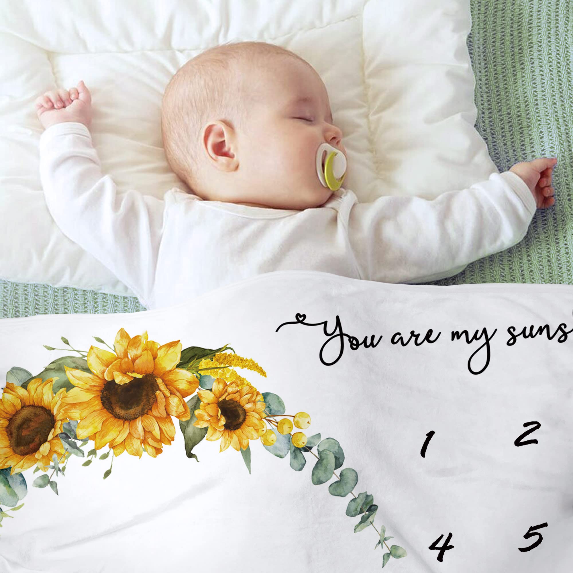 Manta de hito para bebé niña, manta mensual con imágenes de hitos recién nacidos, decoración de guardería de girasoles, manta de fondo de fotos de 45 x 40 pulgadas con corona y diadema