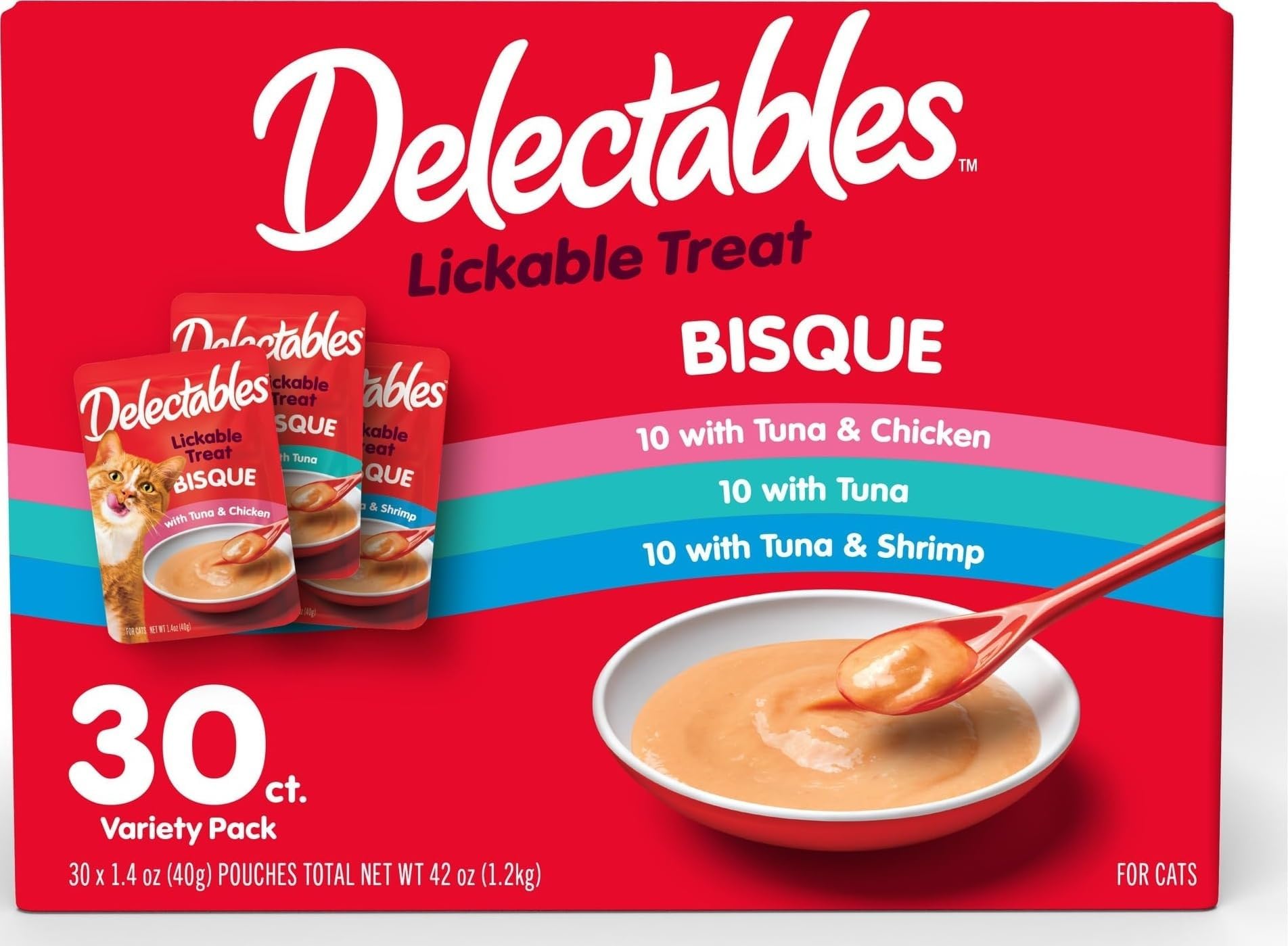 Lickable Treat Bisque Wet Cat Treat Variety Pack, Food Topper, Hydrating, Grain-Free, No Fillers, No By-Products, No Added Preservatives, 1.4oz Pouch, 30ct
