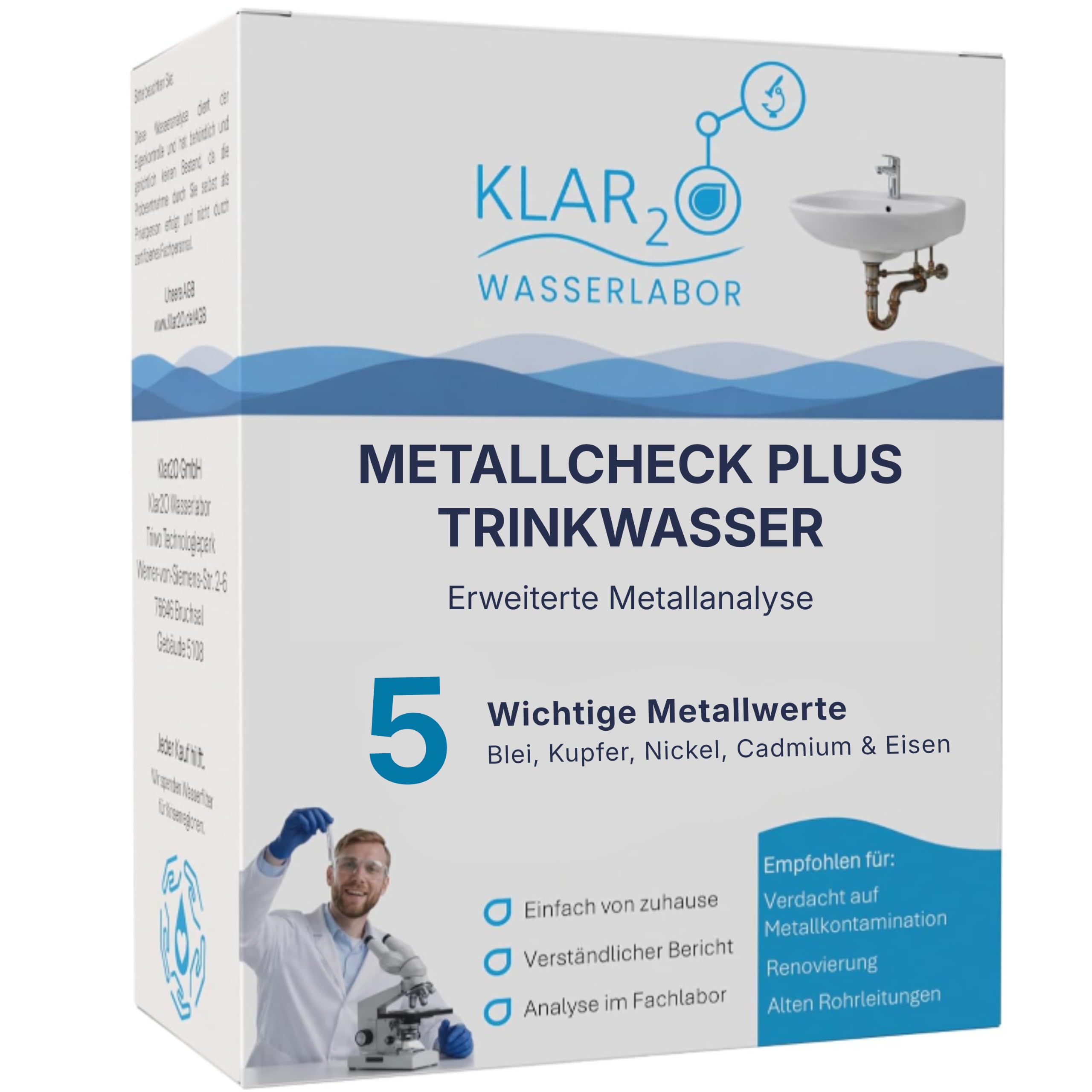 Trinkwasser Wassertest MetallCheck Plus: Laboranalyse auf Blei, Cadmium, Kupfer, Nickel & Eisen im Leitungswasser