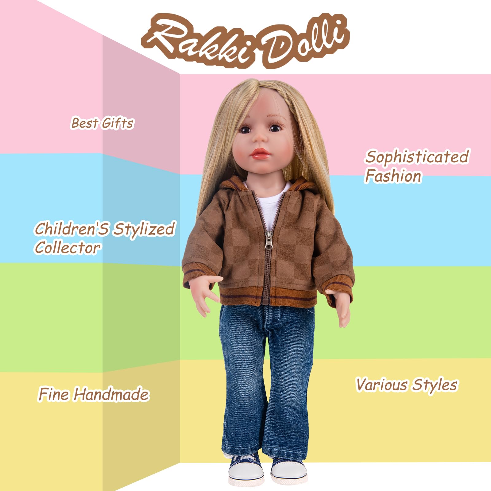 Rakki Dolli 3-teiliges Set Puppenkleidungs-Set, brauner Mantel & blaue Jeans & weißes T-Shirt für Babypuppen (ohne Puppe und Schuhe)