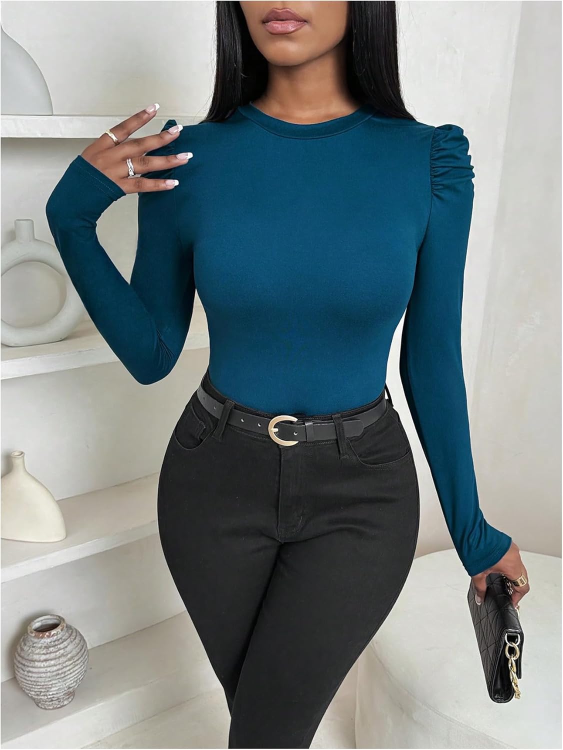 SOLY HUX Women's Puff Long Sleeve T Shirt Crewneck Slim Fit Tee Going Out Trendy Fall Tops - Image 4