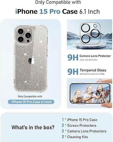 Miniatura 2 de MIODIK Funda transparente con purpurina para iPhone 15 Pro, con 2 protectores de pantalla + 2 protectores de cámara, no se pone amarillento a prueba