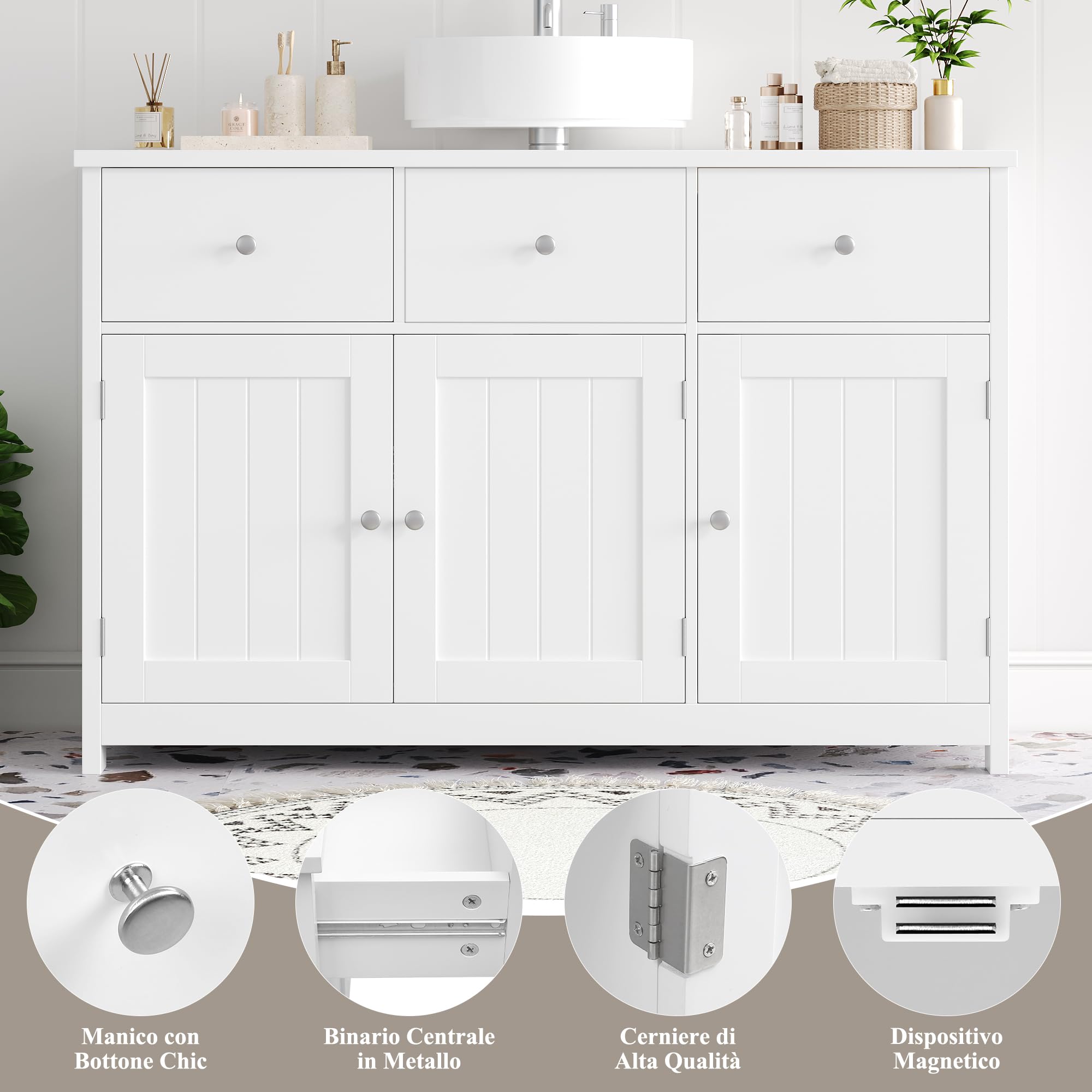 FOREHILL 100cm Mobile Sottolavabo per Bagno Grande, Mobile Bagno a 2 Cassetti e 3 Ante, Mobiletto Portaoggetti da Terra, Scanalatura a Forma di U, 100x30x61cm (Bianco)