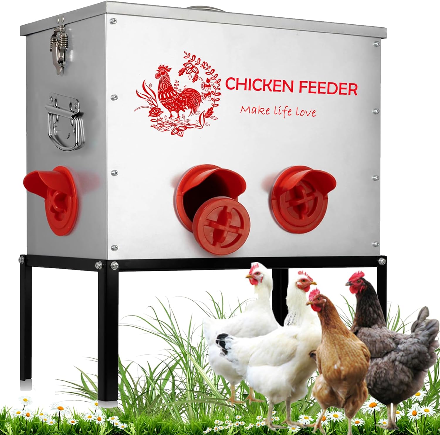 Automatic Chicken Feeder Capacity 6 Port Large Metal Chicken Feeders No Waste Poultry Feeder with Locking Lid and Legs for Inside Chicken Coops for Chickens, Ducks, Geese (A24-1)