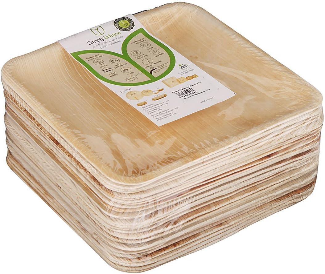 Adaaya Farms - Simply Urbane Natural Palm Leaf Square Plates - 8 Inches - Pack of 25 - Suitable for Parties and Events - Eco Friendly / Bio degradable / Compostable