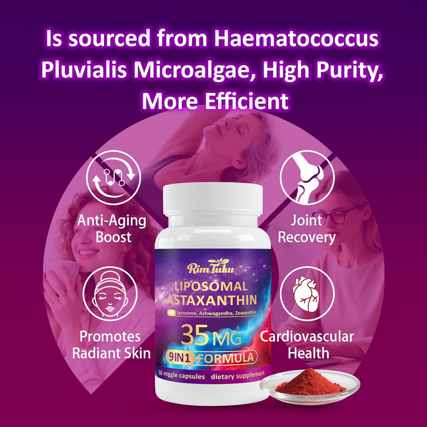 Liposomal Astaxanthin Supplement Complex 9-in-1 with Ashwagandha, Lycopene, Zeaxanthin, Antioxidant Supplement Support Eye, Skin & Joint Health, 60 Capsules - Image 5