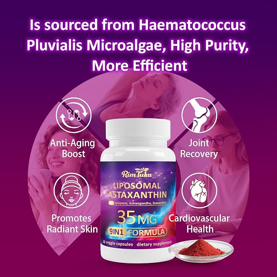 Liposomal Astaxanthin Supplement Complex 9-in-1 with Ashwagandha, Lycopene, Zeaxanthin, Antioxidant Supplement Support Eye, Skin & Joint Health, 240 Capsules