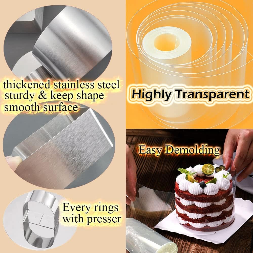 DATANYA 7Pack Cake Ring Molds 3.15‘’ Stainless Steel Food Rings Round & Square Cooking Ring Molds with Pushers, 3 Inch Cake Collars Transparent Acetate Sheet Cake Rolls for Baking Pastry image 3