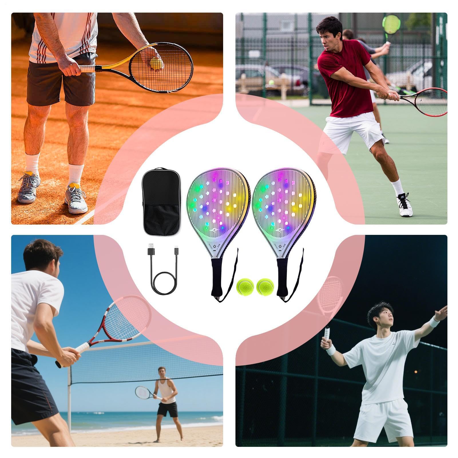 Rakieta Tenisowa Męska Świecący Zestaw Do Gry W Paddle Plażowe Z USB | Sportowe Akcesoria Do Tenisa Z Włókna Węglowego Dla Młodzieży I Dorosłych Do Codziennego Treningu I Podróży
