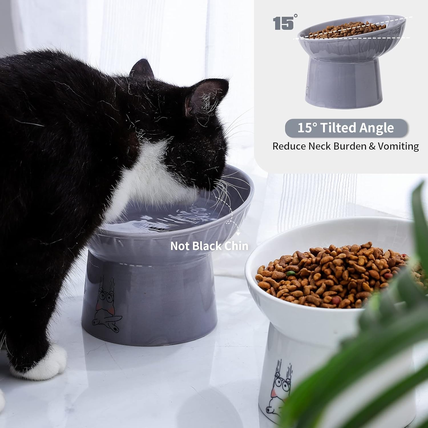 OMAYKEY 6.5 Inch Extra Wide Ceramic Raised Cat Bowl Set, Tilted Elevated Cat Bowls for Food and Water, Prevent Whisker Fatigue, Stress Free, Less Vomiting, Protect Spine, White & Grey