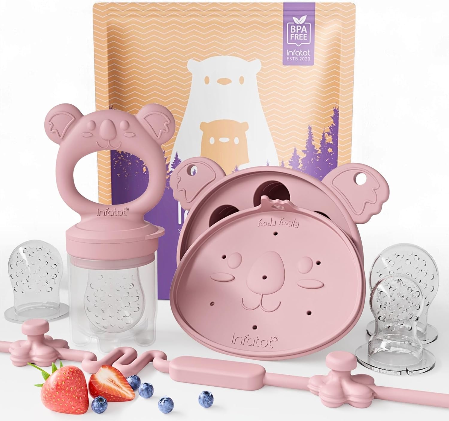 Infatot® Baby Fruit Feeder & Freezer Tray Set, Silicone Teether Pacifier with Clip, Weaning Teething Toy, Infant Self Feeding Aid, BPA-Free Baby Essentials for Introducing Solids – Plum