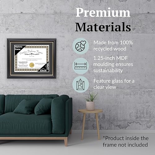 Vista 96 de Creative Picture Frames Marco para diploma Rockefeller de 9 x 12 pulgadas, color negro con borde dorado, muestra un certificado de 9 x 12 pulgadas