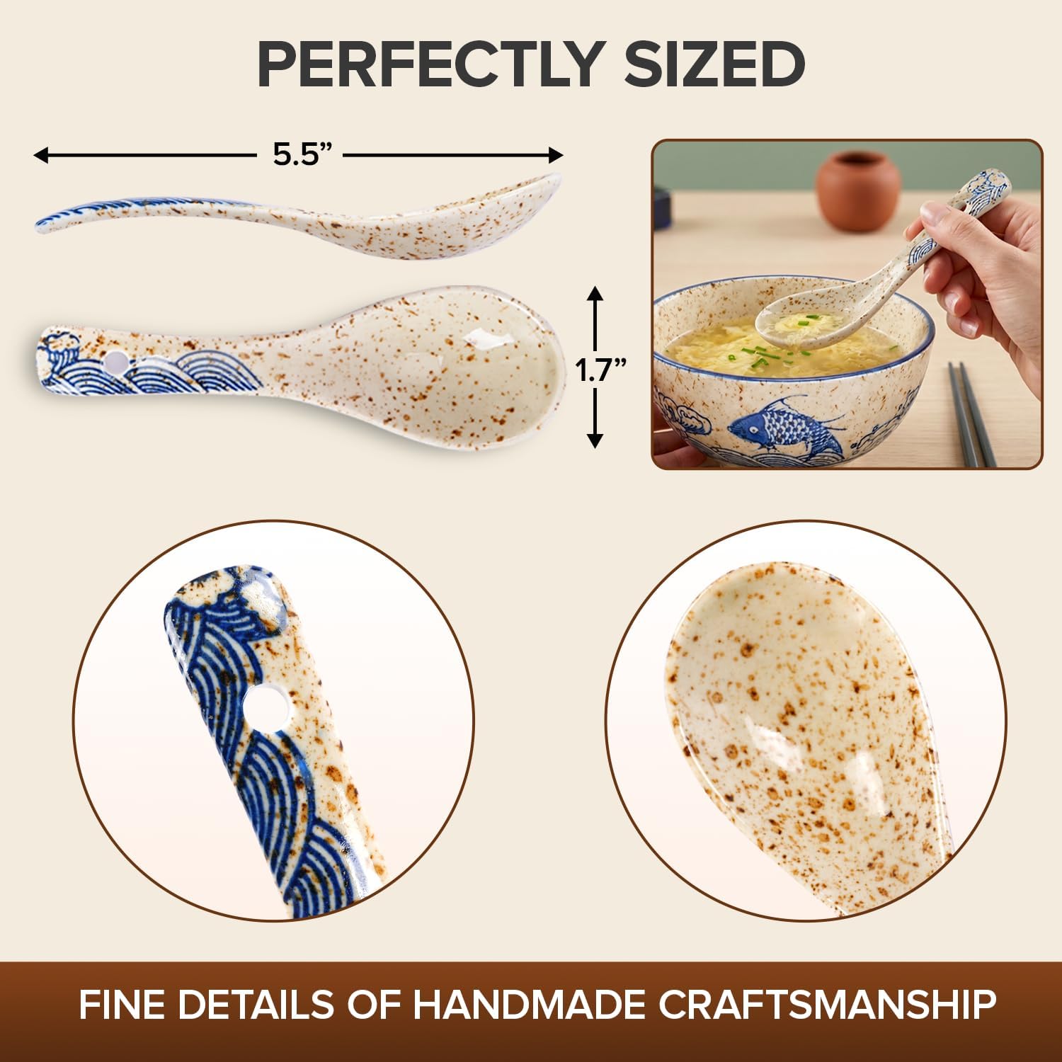 Oriental Ceramic Ramen Spoons Set of 6, Blue Fish Pattern Asian Soup Spoons