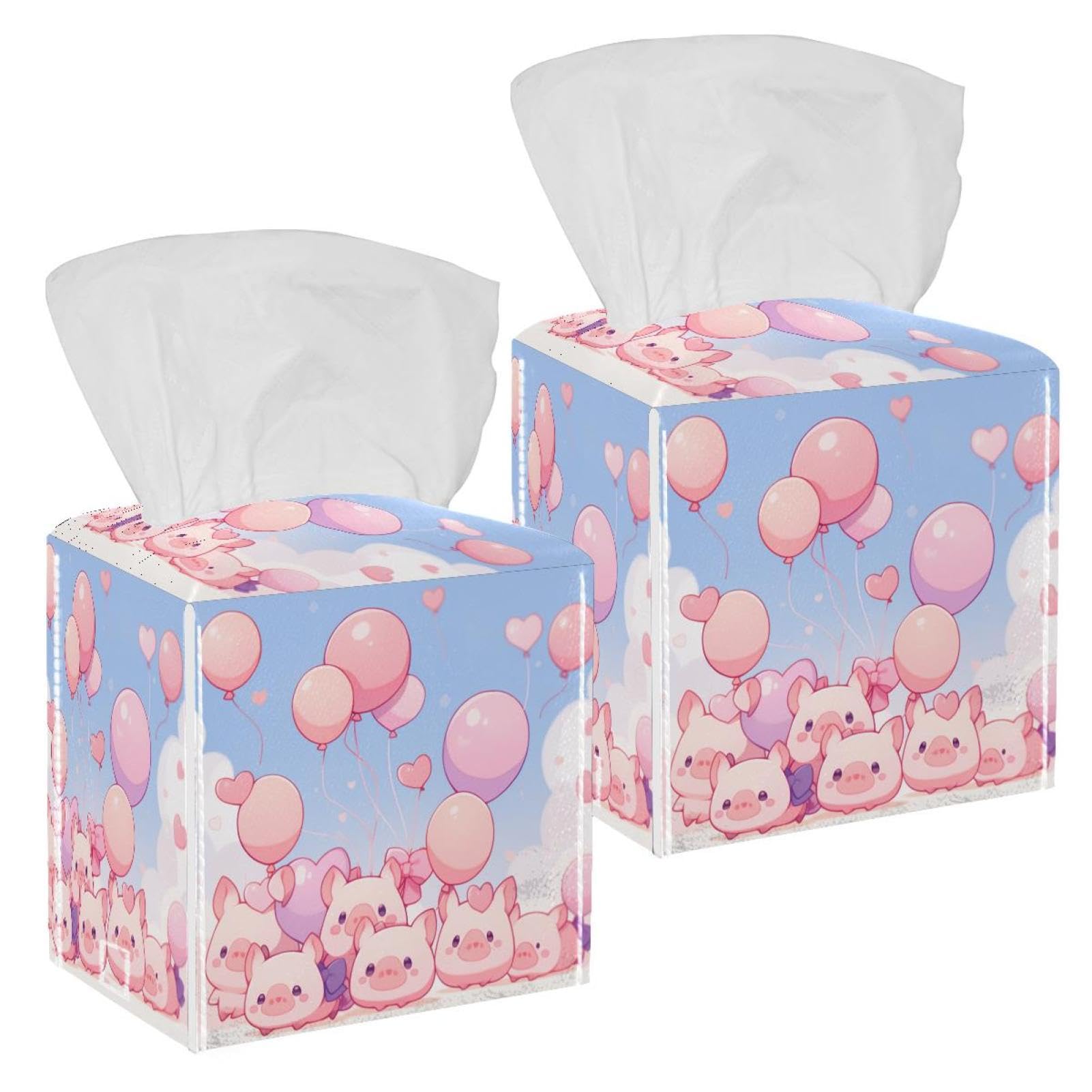 Pigs Balloon Print Tissue Box Cover, 2 Pack PU Leather Square Facial Tissue Dispenser Box holder for Home Office Car