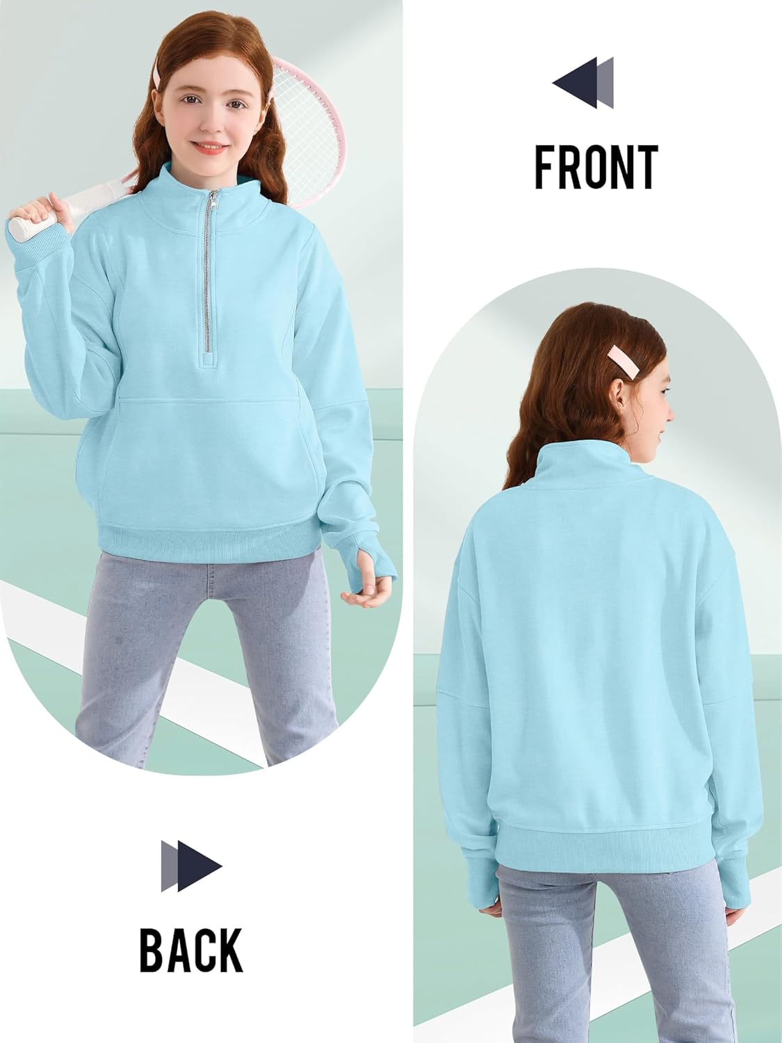 Girls Half Zip Sweatshirt Long Sleeve Zip Pullover Top with Thumb Hole Pocket Fall Winter for Teen Girls - Image 5