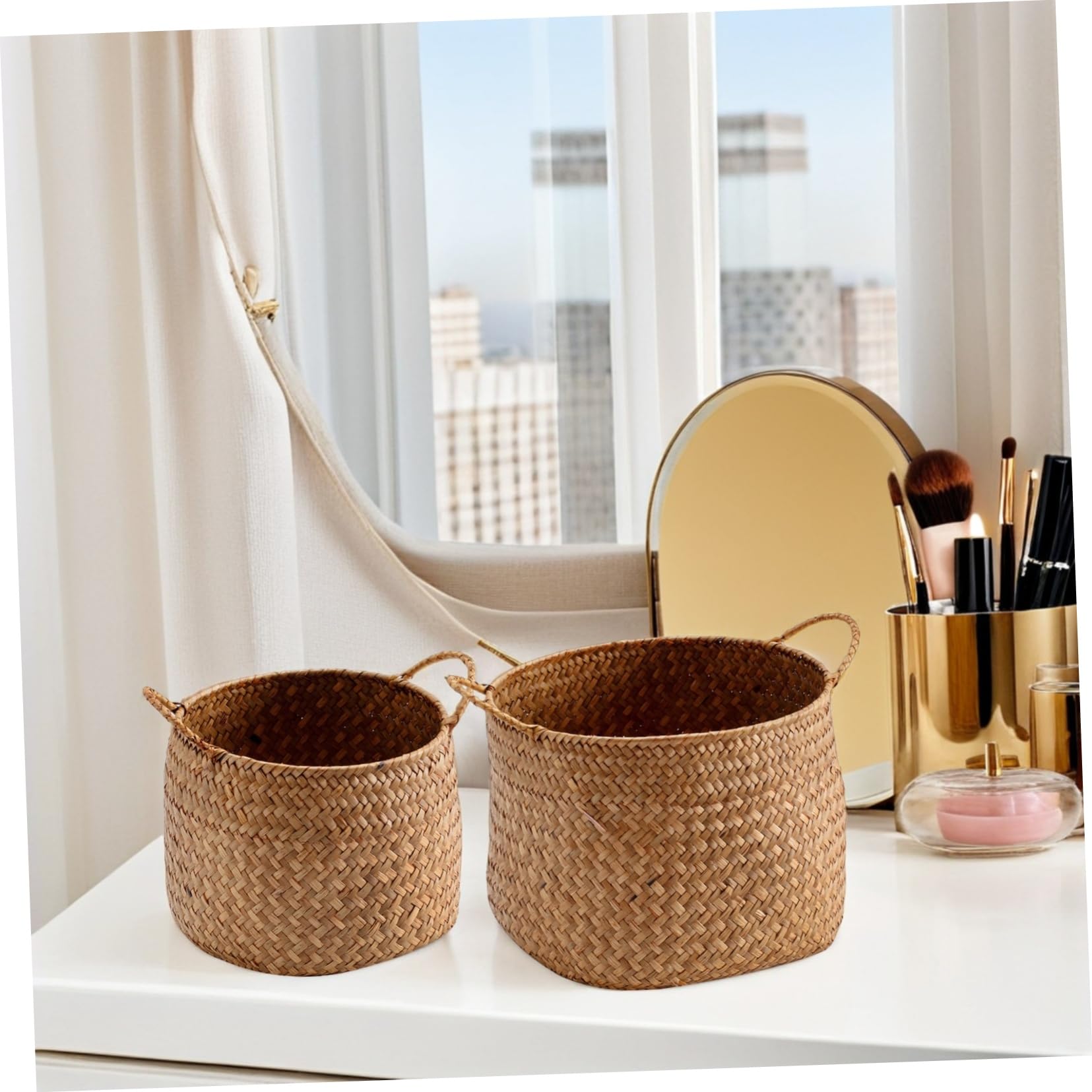 2piezas Cestas Tejidas Organizador Japonés De Almacenamiento Con Doble Asa Soporte Natural Para Guardar Objetos Sala De Estar o Dormitorio