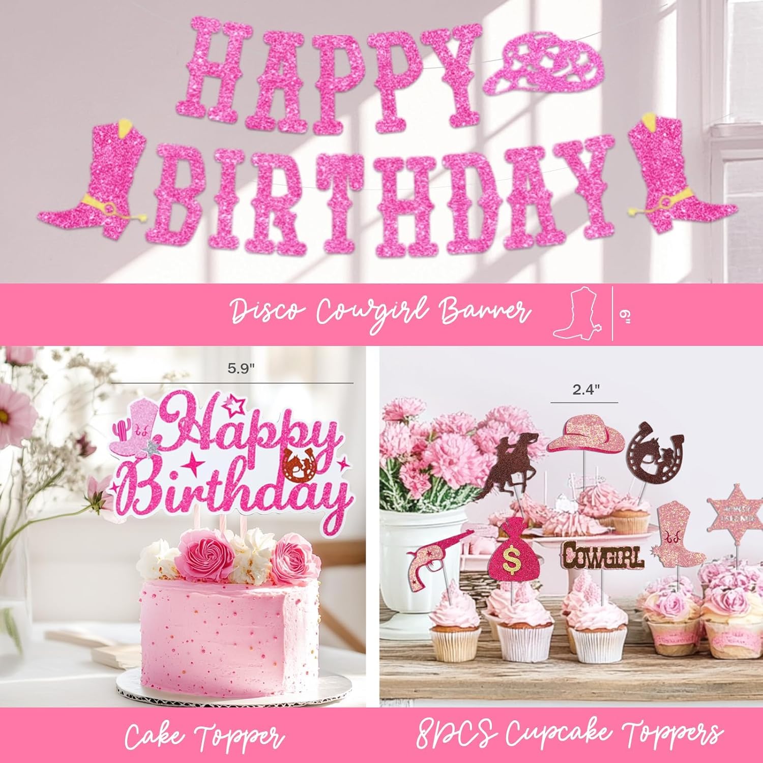 Disco Cowgirl Party Decorations, Hot Pink Cowgirl Birthday Decorations, Western Wild West Rodeo Theme Birthday Party Supplies Silver Fringe Curtain Balloon Banner Tablecloth Cake Topper - Image 5