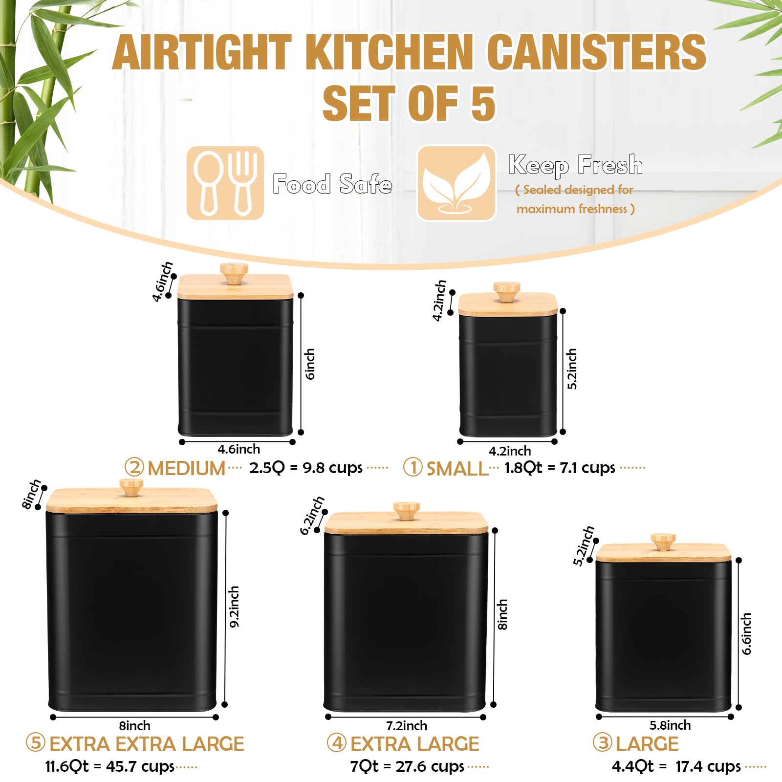 Buryeah Juego de 5 botes negros para la cocina, juego de 5 botes de cocina