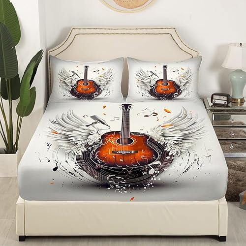 Miniatura 3 de Manfei Guitar Kids Sheet King Size,Retro Vinyl Record Musical Notes Angel Wings Bedding Set,Boys Girls Room Decor,Rock Roll Music Brown Grey Bed