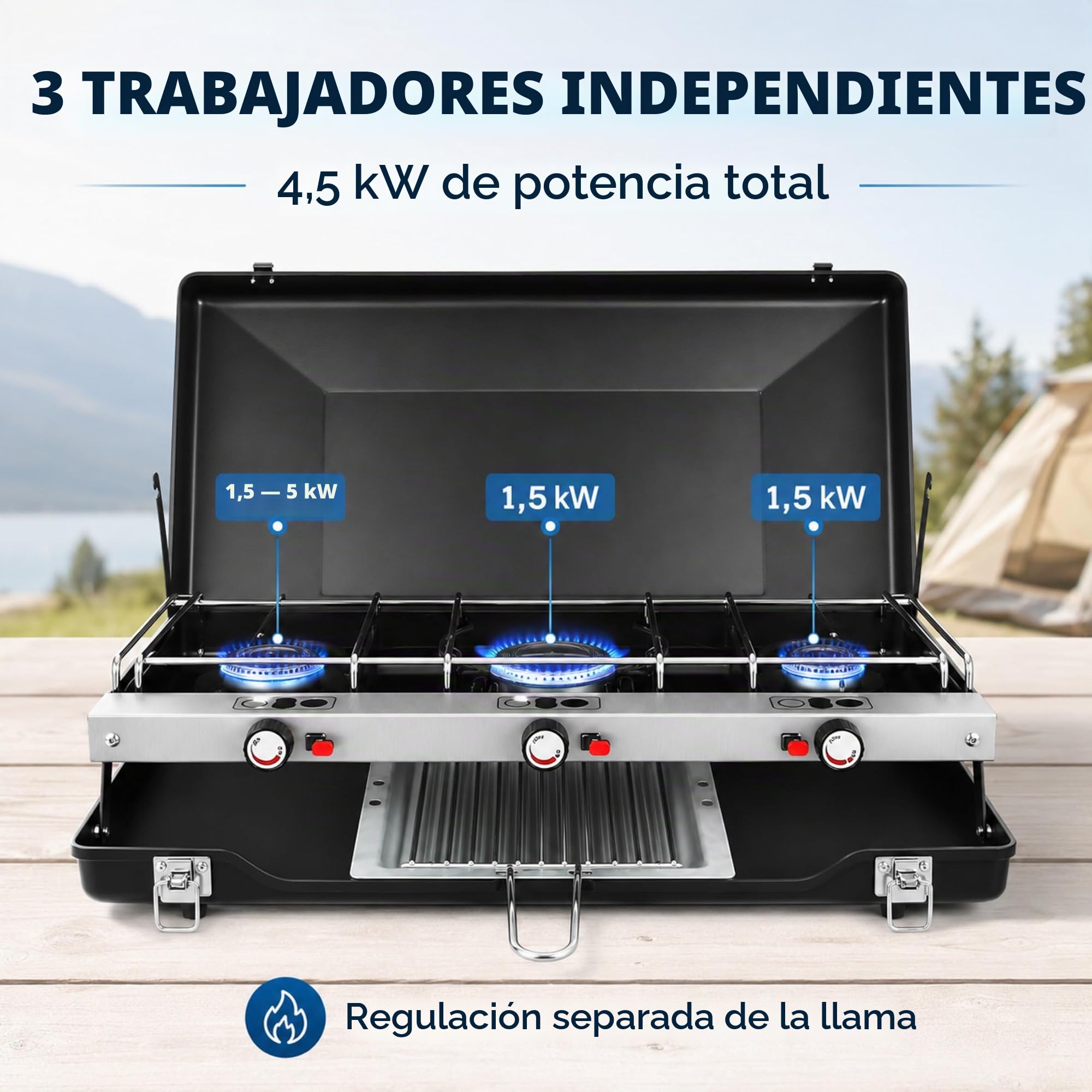Hornillo de camping de 3 fuegos, 4,5 kW, plegable, portátil, con encendido piezoeléctrico, protección contra el viento, sin montaje para camping, picnic