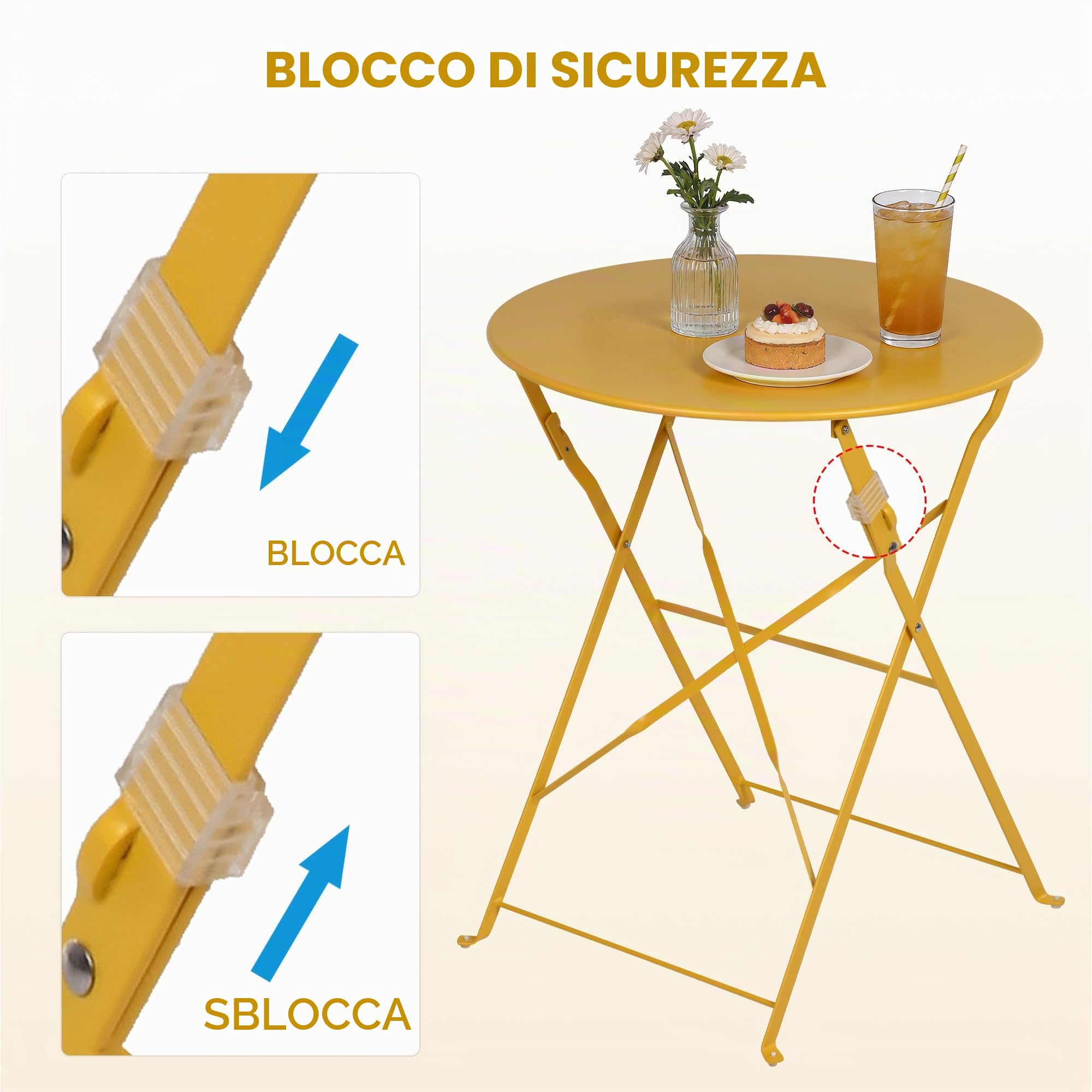 Grand patio Set Bistrot, 1 Tavolo e 2 Sedie, Ripiegabile, Set da Balcone, Struttura in Metallo, Vari Colori,salvaspazio, Set arredo Giardino per Balcone, Esterno (Giallo)