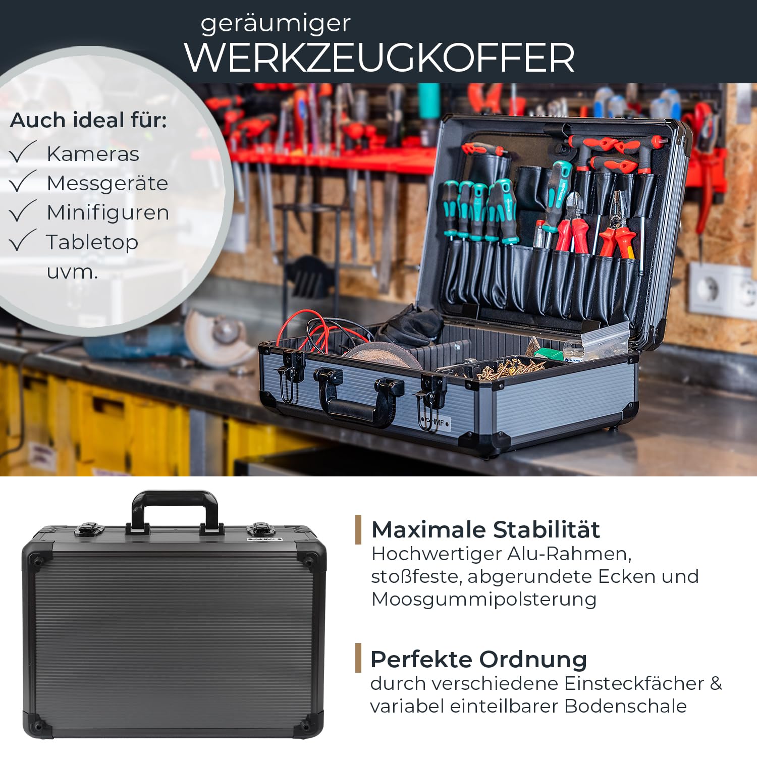 HMF Alu Werkzeugkoffer leer mit 17 Einsteckfächern für Werkzeug, große Werkzeugkiste mit verstellbarer Facheinteilung | 46 x 33 x 15 cm | Anthrazit-Schwarz