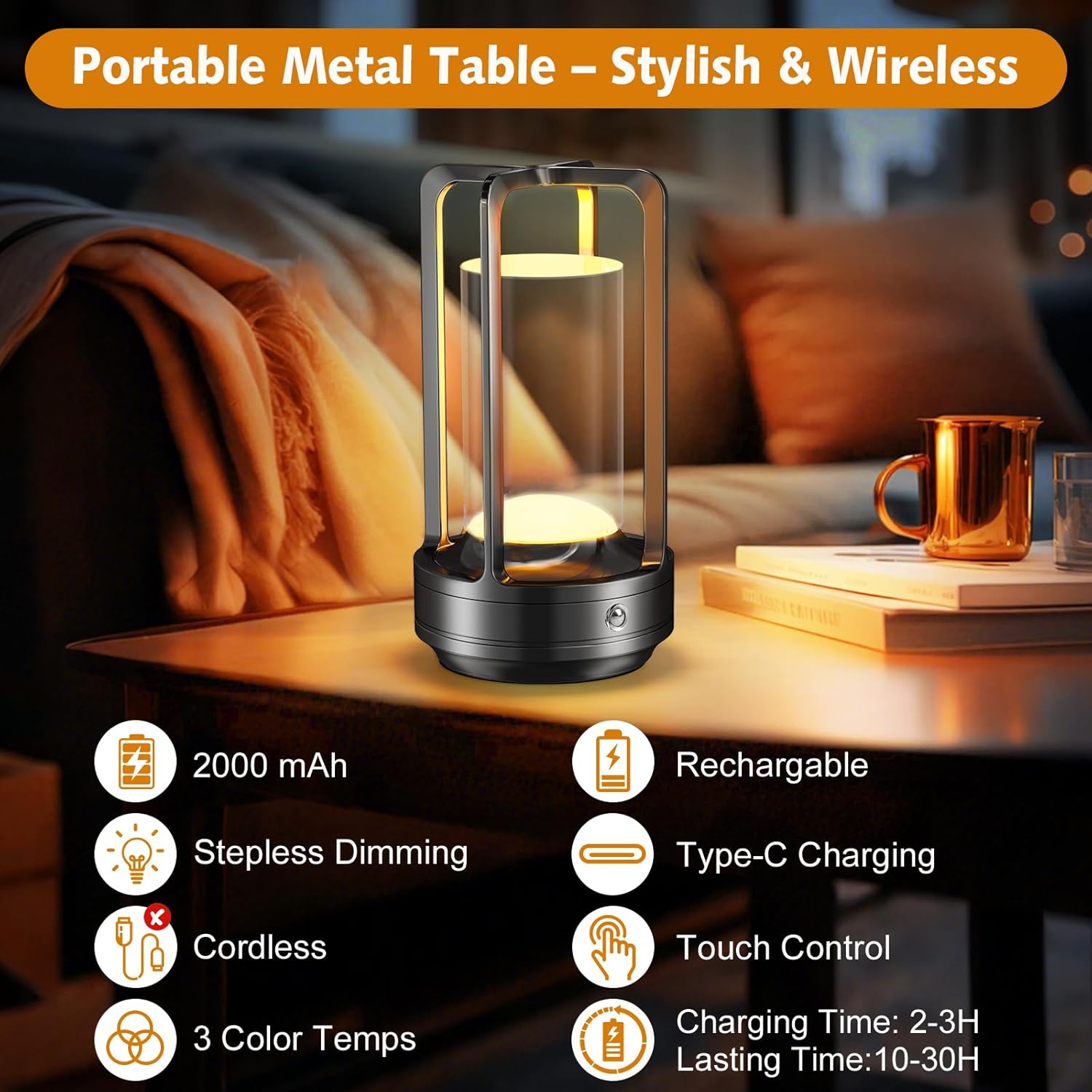 Portable Table Lamp for Outdoor Indoor: Cordless Rechargeable Desk Lamp with 3 Color Stepless Dimmable - Metal Battery Operated Lantern Light for Bedroom/Bar/Coffee Shop/Camping (Graphite)