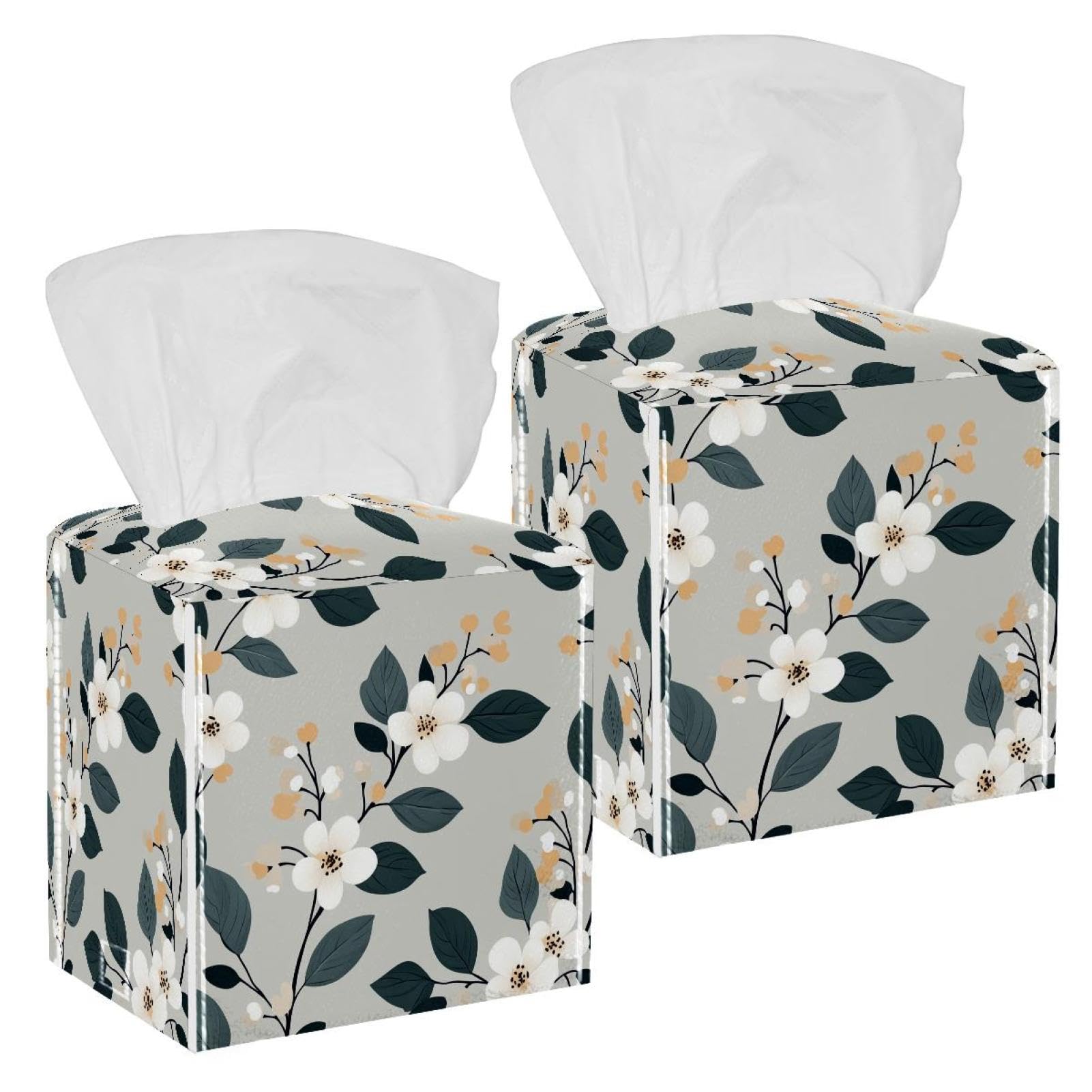 Flowers Tissue Box Cover, 2 Pack PU Leather Square Facial Tissue Dispenser Box holder for Home Office Car