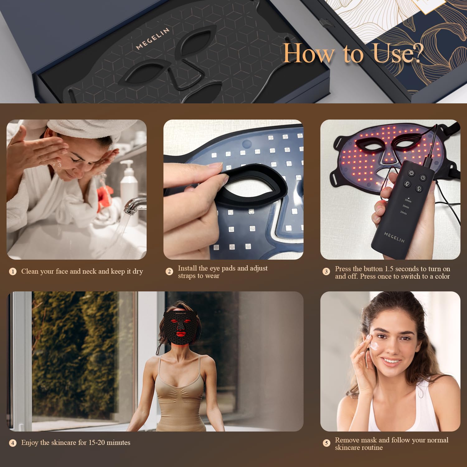 MEGELIN 7 Colors Led Light Therapy Facial Mask, Face Light Therapy Mask for Face, Reduce Wrinkles Smooth Skin, Infrared Light Skin Rejuvenation(Black) - Image 6