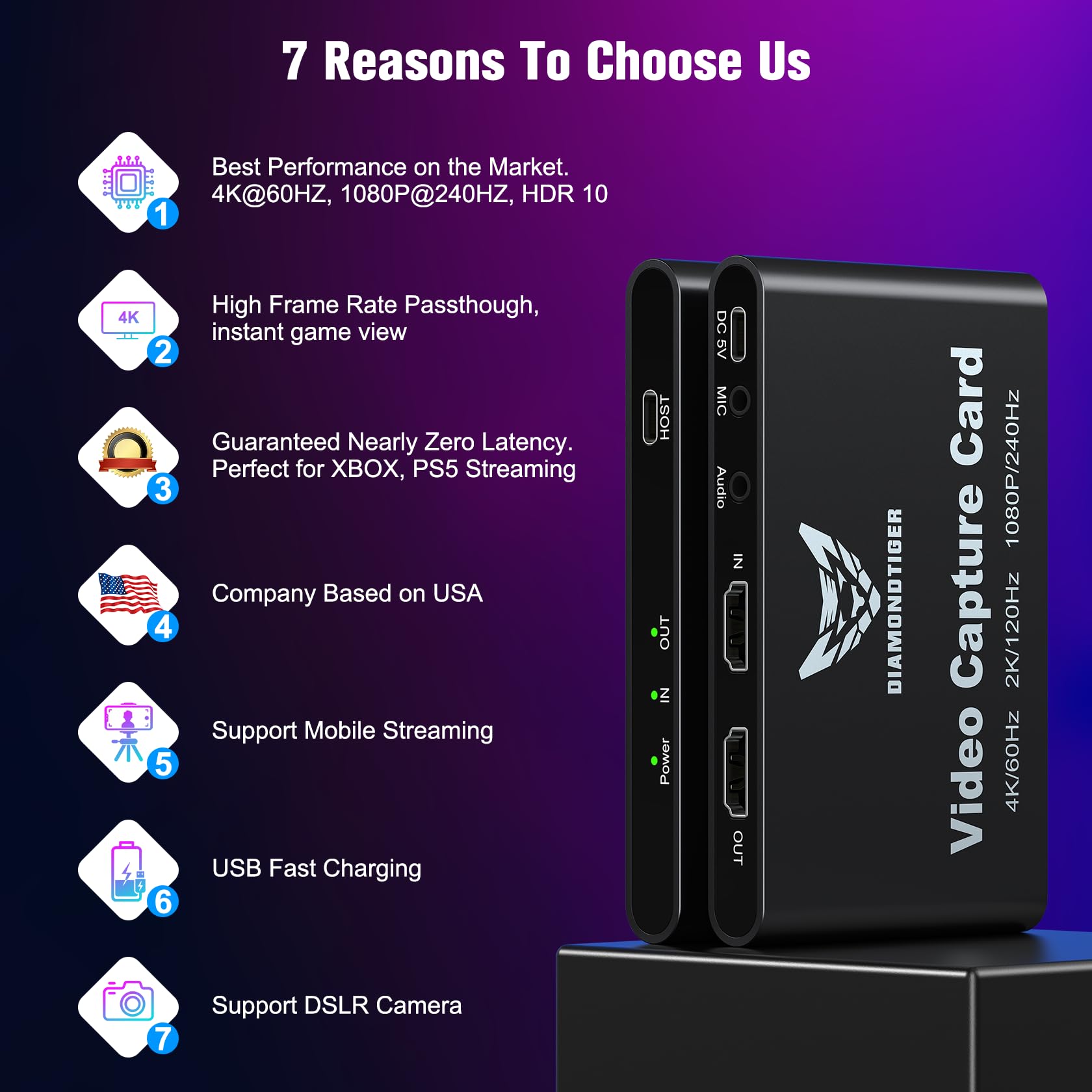 Tarjeta de captura HDMI para streaming y grabación, 4K a 60Hz, 1080p a 240Hz, HDR VRR Passthrough casi cero latencia para PS5, Xbox Series X/S, Nintendo en OBS, Twitch, YouTube