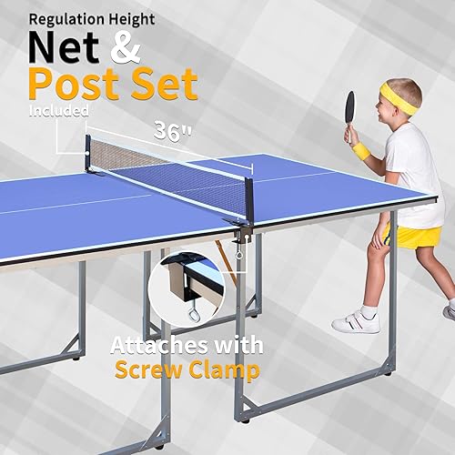 Miniatura 6 de Petfu Mesa de ping pong, plegable, portátil, con red y 2 paletas de ping pong y 3 bolas, sin montaje, para deportes de interiorexterior, tamaño
