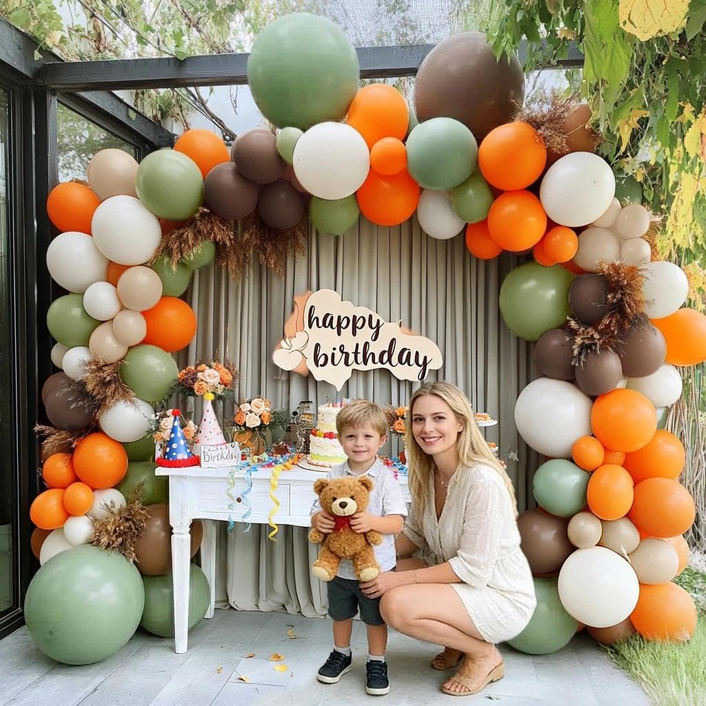 Balloon Arch Kit - Double Stuffed Dusty Green Orange Brown Beige Balloons for Neutral Baby Showers Woodland Wild One Dinosaur Birthday Decorations