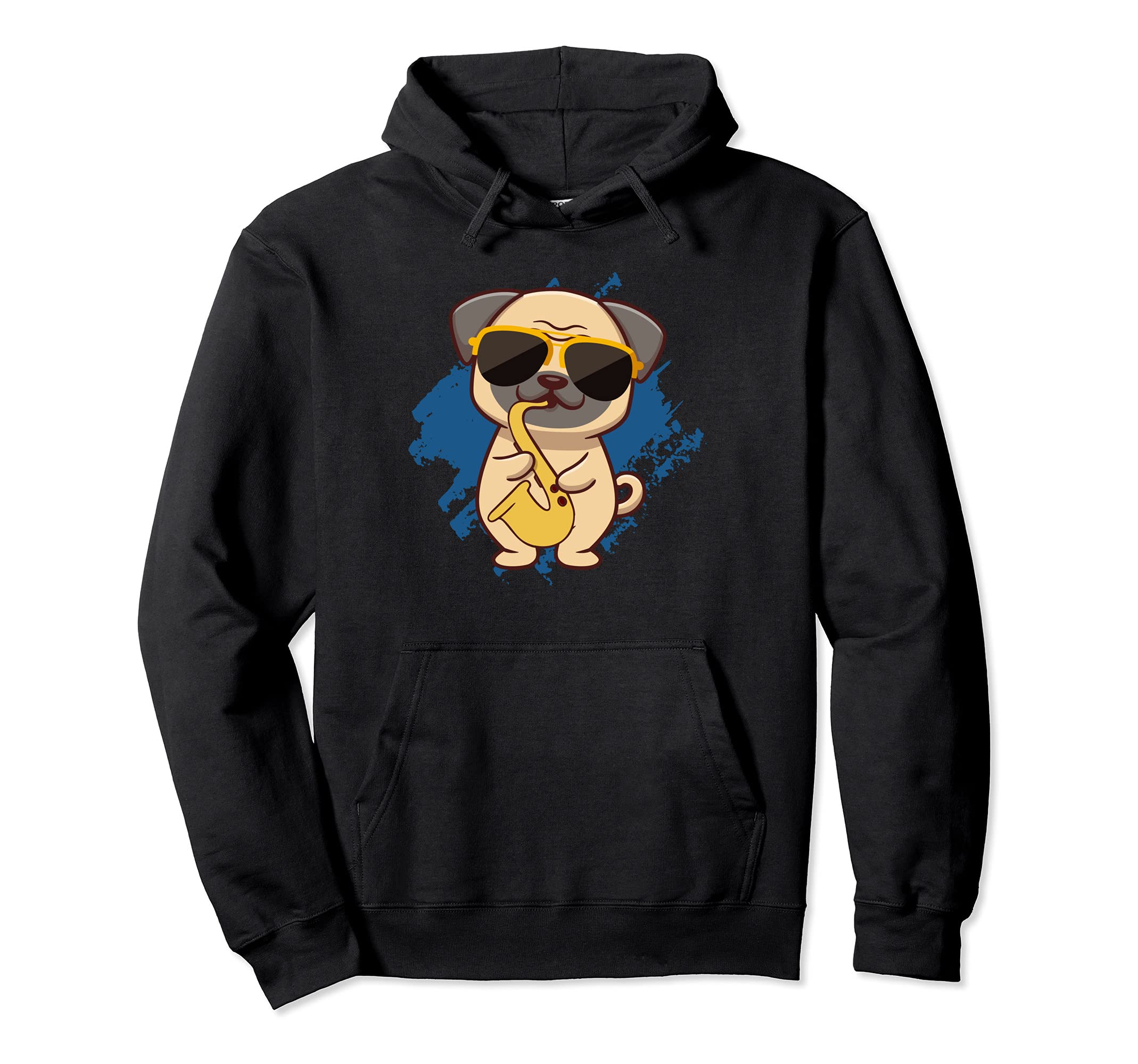 Pug Paws Jazz Metal Wind Instrument Classic Saxophone Music Pullover Hoodie, Black