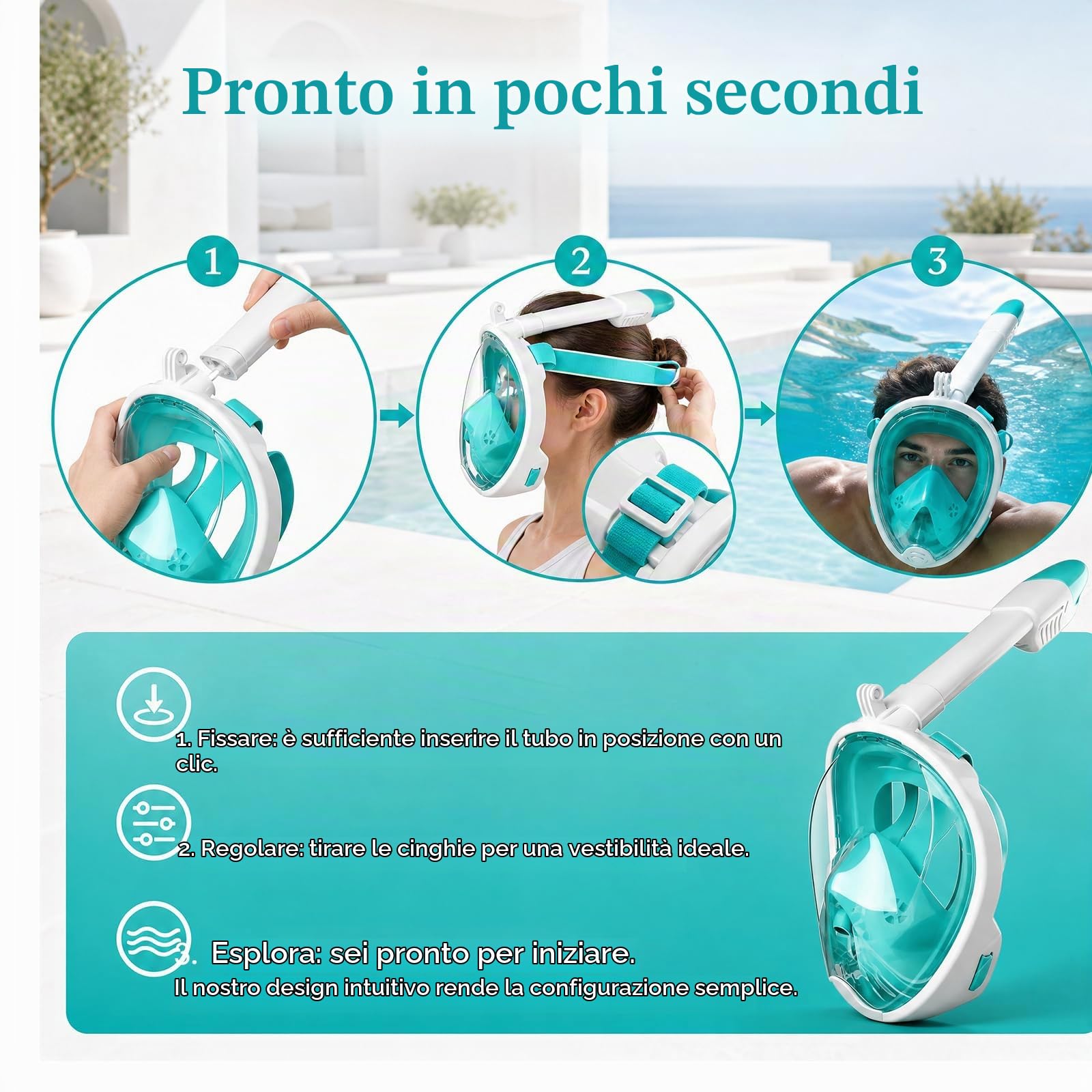 Maschera Snorkeling Integrale 180 Gradi Anti Appannamento Con Tubo Rimovibile E Supporto Fotocamera, Maschera Subacquea In Silicone Regolabile Verde Per Snorkeling E Nuoto