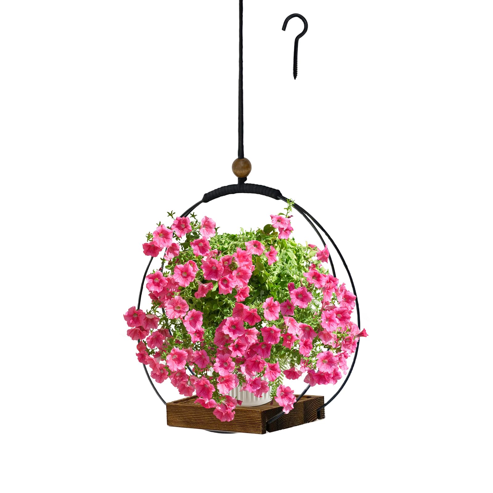 Suspension d'intérieur - Suspension moderne en macramé avec base en bois robuste - Décoration murale et plafond pour la maison - Parfait pour les plantes d'intérieur et les pots (plantes non incluses)