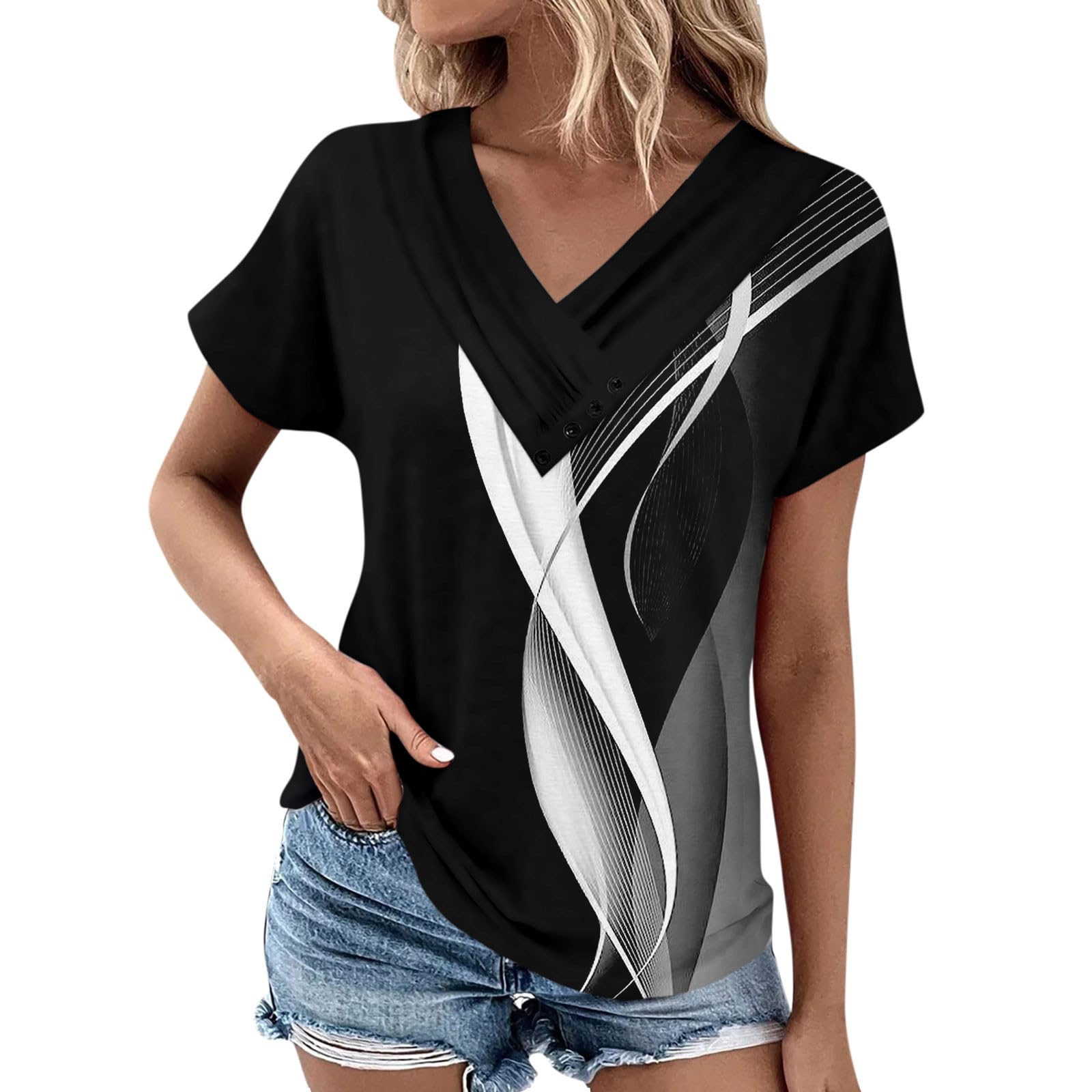 Camicette da donna a maniche corte primaverili eleganti casual vestibilità ampia magliette con bottoni decorazione estiva tinta unita tunica top, Bb-nero, XX-Large