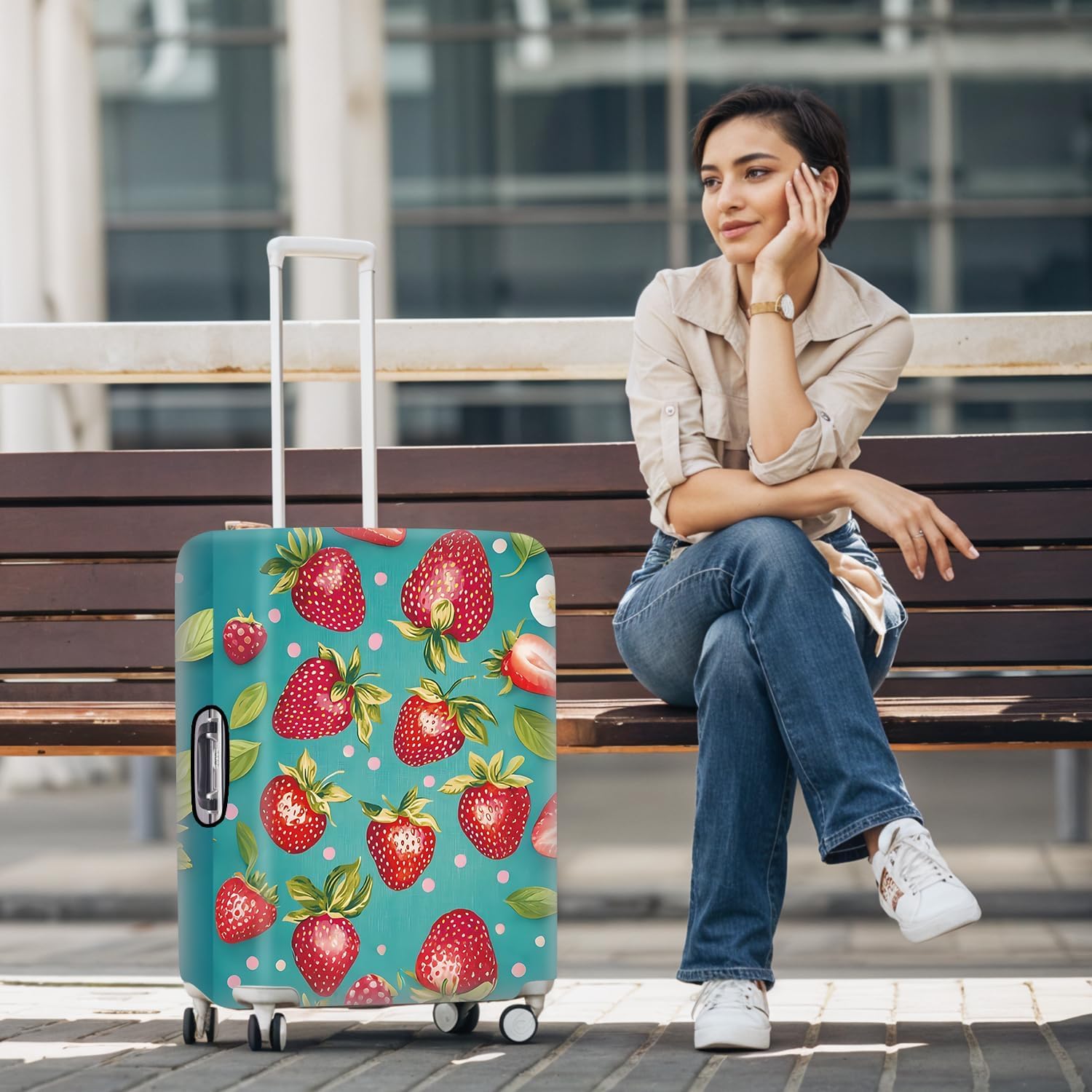 Strawberry Luggage Cover – Protective Travel Sleeve with Cute Fruit Pattern – Stretchy & Durable Suitcase Protector for 29"–32" Luggage – Colorful Design with Leaf & Flower Accents