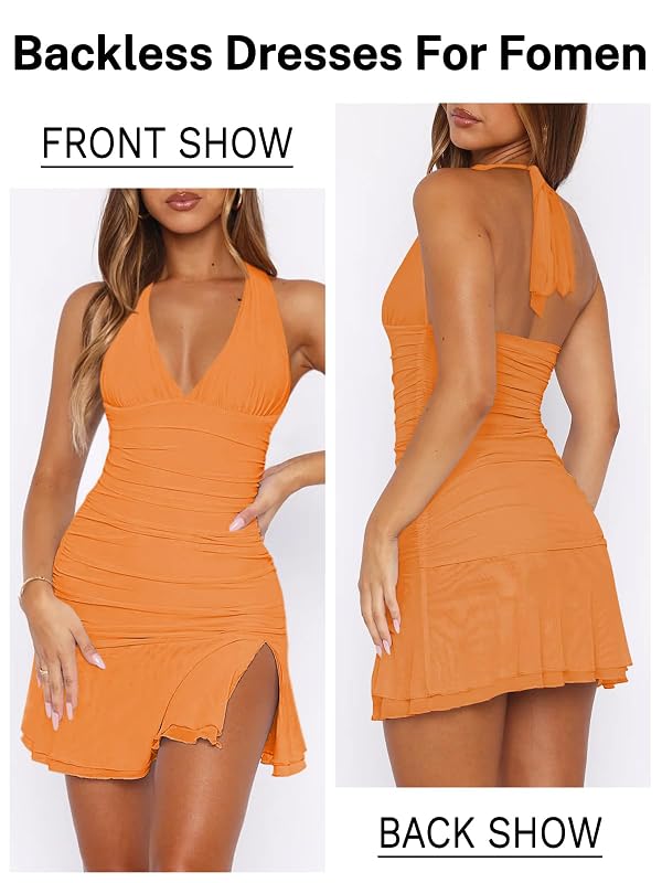 MIYIEONZ Summer Halter Mini Dresses for Women Sexy Short Dresses Orange L by MIYIEONZ - Used condition - Image 3