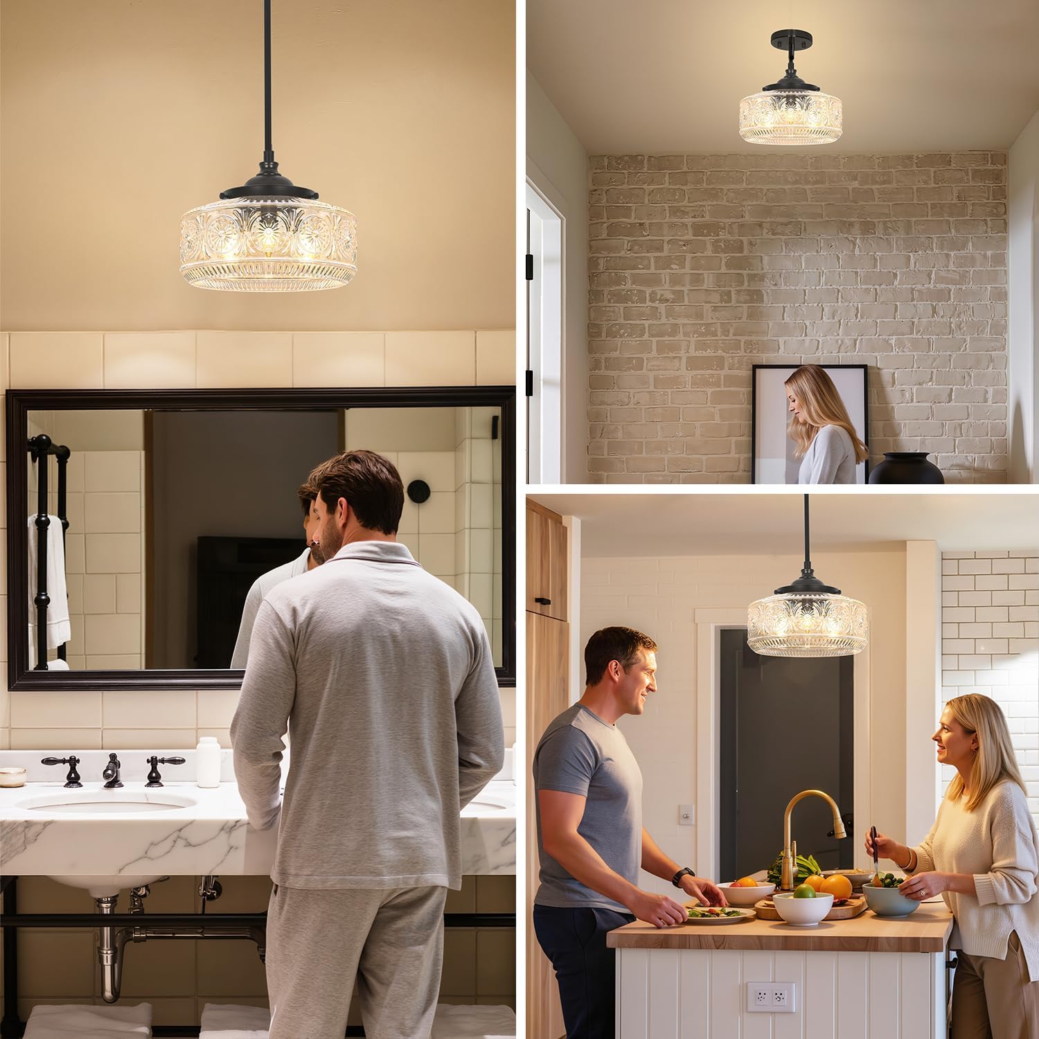 Modern 3 Lights Drum Pendant Light with Etched Glass Shade, Adjustable Height Black Pendant Lights Kitchen Island, Chandelier for Dining Room, Bedroom, Hallway, Bathroom, E12 Base, Bulbs Not Included