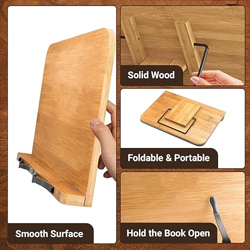 Miniatura 5 de Soporte ajustable para libros, estable y ligero, soporte de madera para libros de texto, bíbliarecetaalmohadillalecturabandeja de libros de cocina