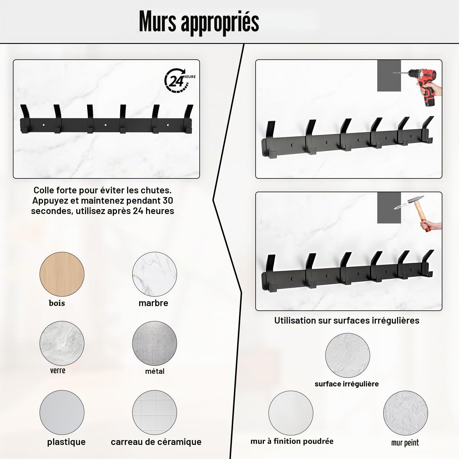 Lot de 2 patères murales avec 6 crochets en métal porte-manteau mural pour chambre à coucher, salle de bain, cuisine (noir)