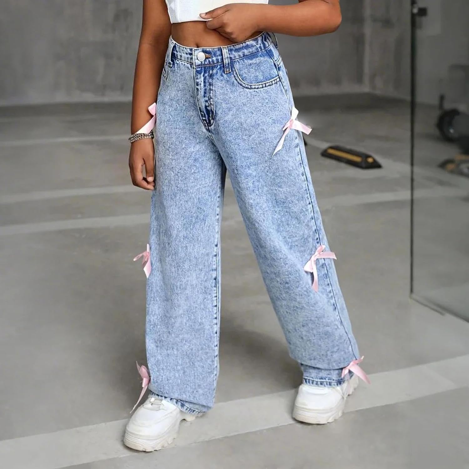 Baggy Jeans for Girls Cute Bow Wide Leg Denim Pants High Waisted Trousers Teen School Trendy Y2k Streetwear with Pockets