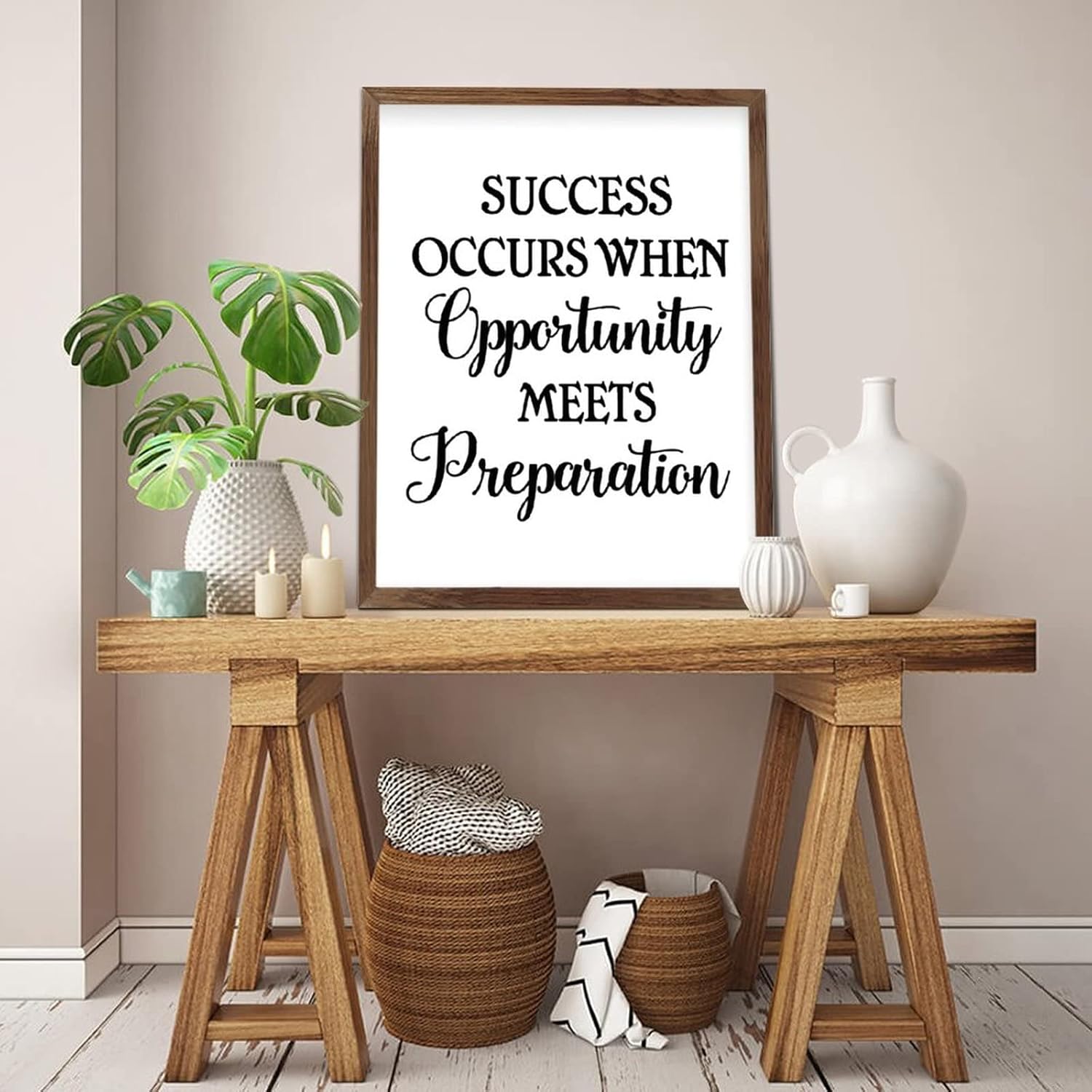 Rustic Chic Style Hanging Wall Sign Success Occurs when Opportunity Meets Preparation Wooden Frame Plaque for Front Door Modern Decor 16x20inch