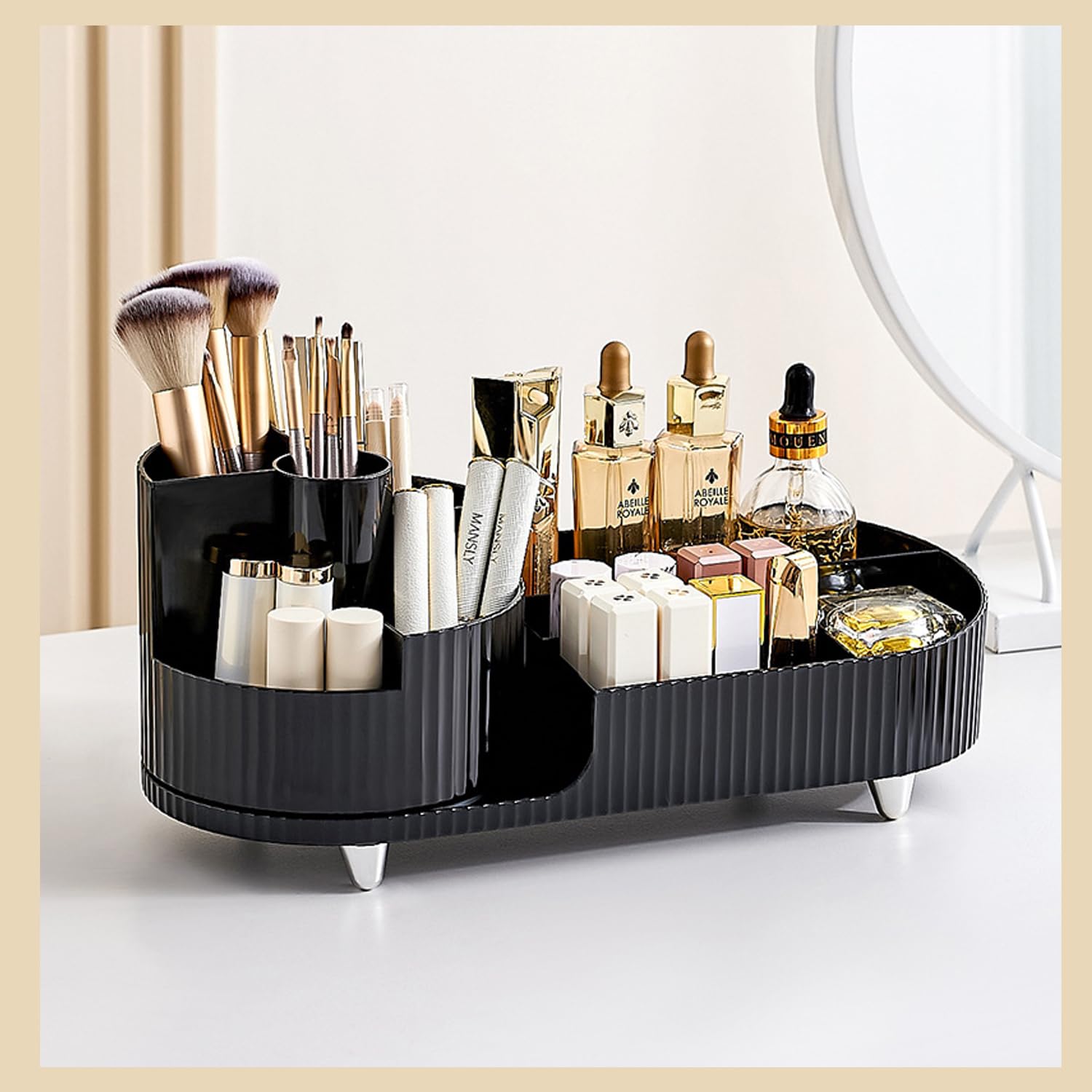 EPEDIC Cosmetic Storage Box Makeup Tool Storage Home Desktop Multifunctional Partition Storage Box Large Capacity Rotating Storage Rack Makeup Brush Storage Bucket (mysterious black)