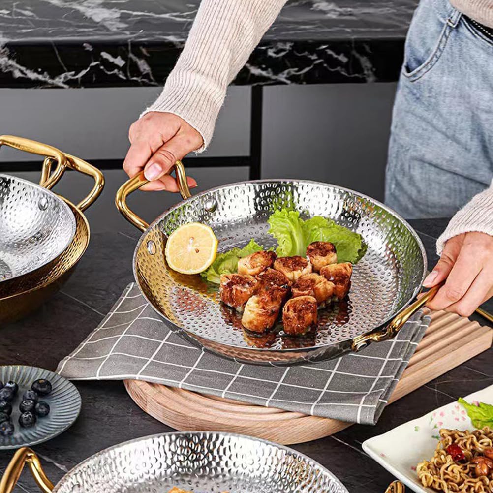 Stainless Steel Paella Pan, Round Seafood Paella Pan Double Ears Pans Nonstick Cooking Large Skillet Cookware for Home Restaurant or Camping, Induction Safe,Silver,12.2inch
