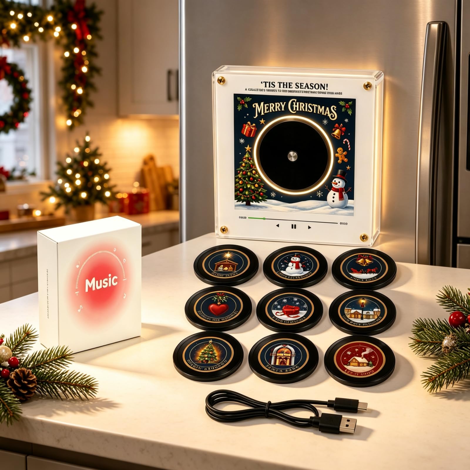 CLBDRESS Christmas Fridge Magnet Music Player, Mini Vinyl NFC Music Box