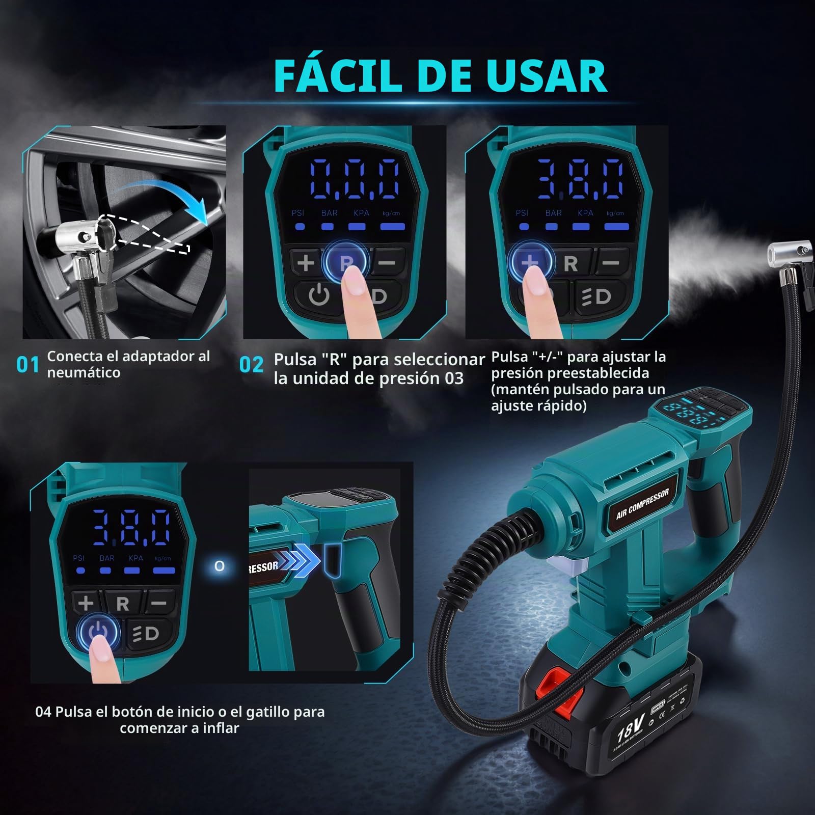 Compresor de aire portátil para baterías 18 V, máx. 11 bar, inflador automático con manómetro digital, bomba de aire para coche, moto, bicicleta, balón deportivo
