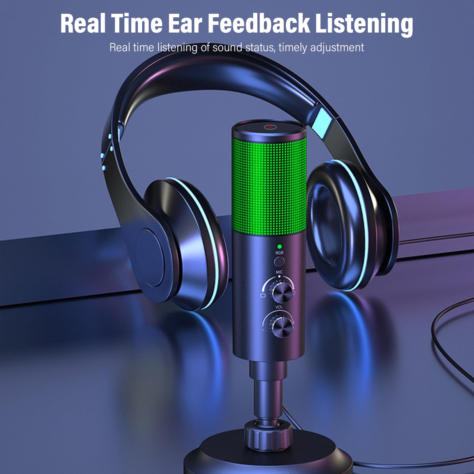 Microfono USB con luce RGB Microfono cardioide Suono di qualità studio professionale per registrazione in streaming live Podcasting Gaming PC Mac ABS Nero