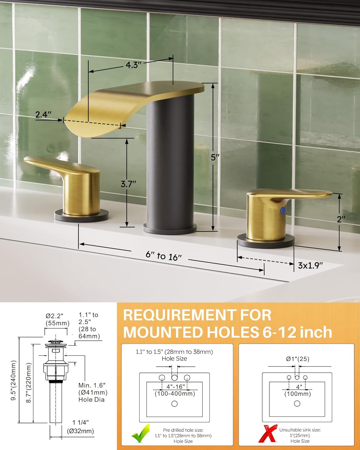 WOWOW Waterfall Bathroom Faucet 3 Holes 8Inch Widespread Bathroom Sink Faucet, Two Handles Lavatory Vanity Sink Faucets with Pop-up Drain & Supply Hoses, Modern Faucet Mixer Taps Black and Gold - Image 7